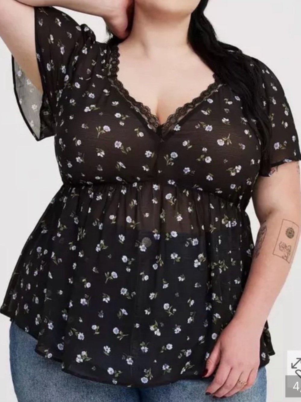 torrid Black Sheer Floral Lace-Trim Peplum Blouse